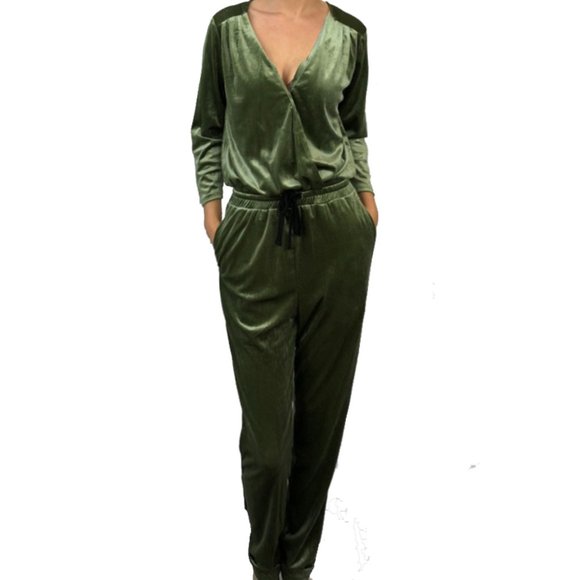 FRNCH Pants - NEW FRNCH Women Glitter Velvet Olive V Neck Wrap Jumpsuit Long Sleeve Pants